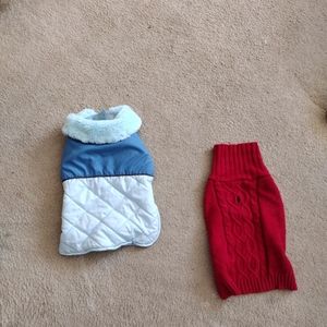 Dog Clothes Size Medium Red Sweater & Blue Jacket w/Faux Fur Collar